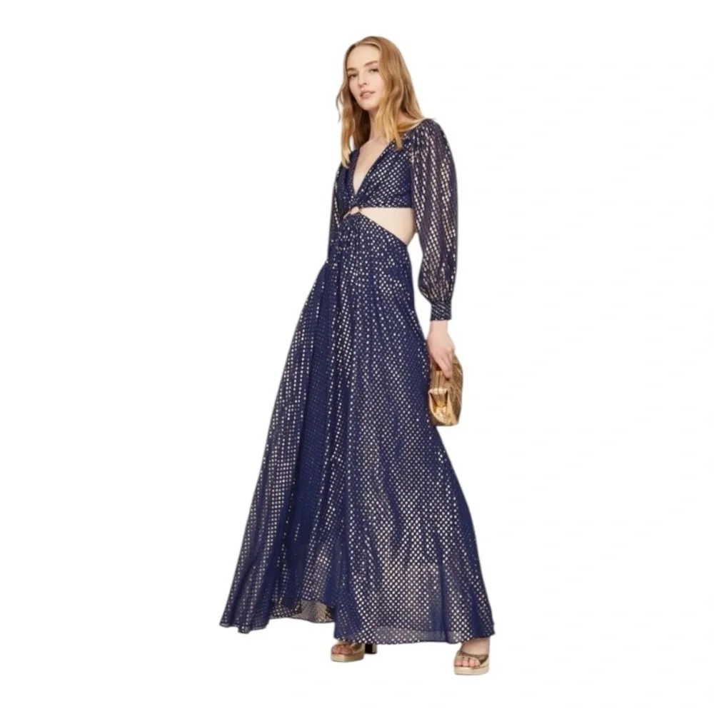 DELFI Cerise Gown Maxi Dress Waist Cutout in Blue Gold Silk Chiffon Size Large - Picture 2 of 13